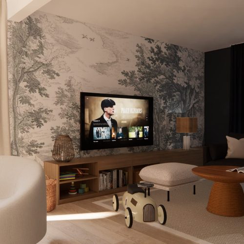 Rénovation maison de famille à Pleuven - Petit salon télé très cosy et agencement sur-mesure